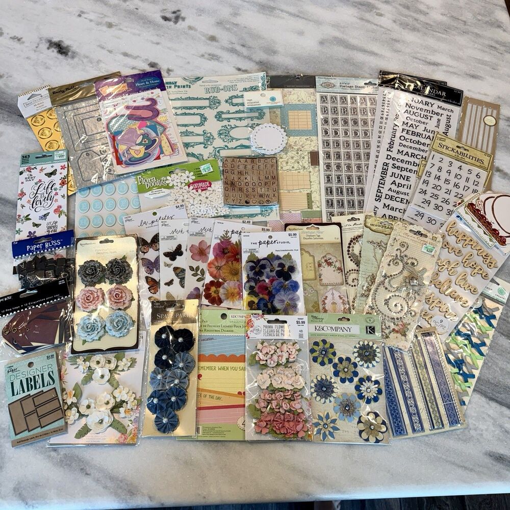 Junk Journal Scrapbook 39pc Lot Stickers Embellishments Borders Flowers 3D
